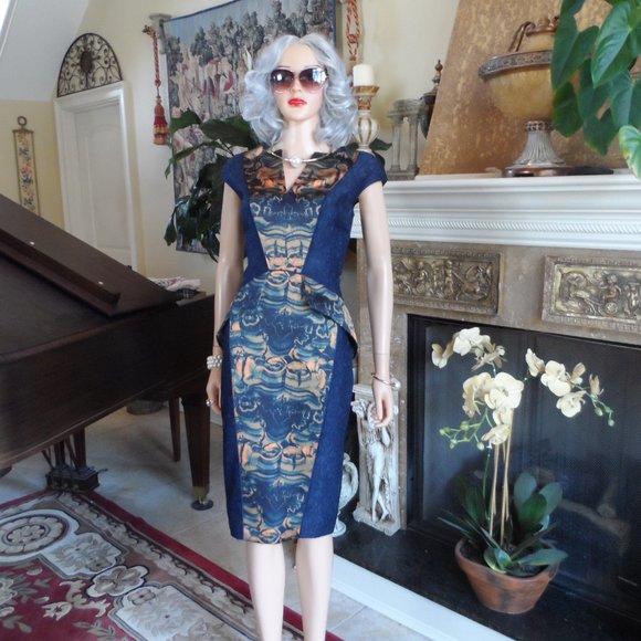 New Fotini Navy Blue Lace Dress w/Orange-Blue Abstract Print Inserts Size 8 - Picture 2 of 16